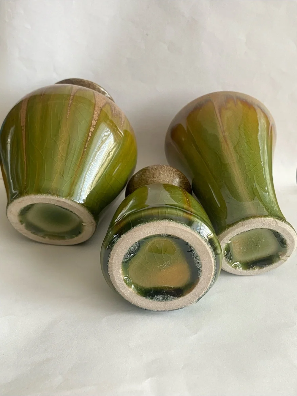 Vtg Hosley Art Pottery 3-piece Decorative Vase Set Glossy Earth Tone Drip Glaze